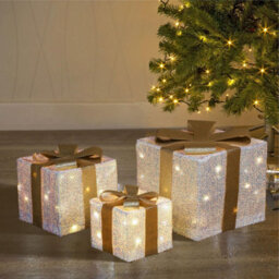 Set Of 3 Light-Up Christmas Gift Boxes With 50 Warm White Led Lights Battery-Powered Xmas Decor White Flash Cloth With Gold Ribbon - thumbnail 2