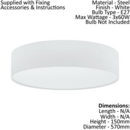 Elegant Flush Ceiling Light With White Fabric Shade - E27 Bulb Compatible - thumbnail 2