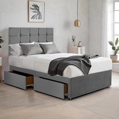 Grey Plush 5Ft King Size Bed With Matttress  2 Storage Drawers And 20 Inch Cubic Headboard - image 1