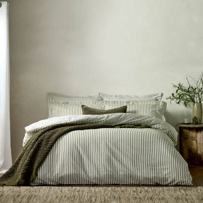 Yard Hebden Striped 100% Cotton Duvet Cover Set, Olive, King