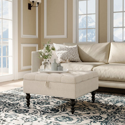 Living And Home Small Beige Linen Upholstered Storage Ottoman Bench Footstool With Wood Legs W 740 X D 740 X H 440 mm - image 1