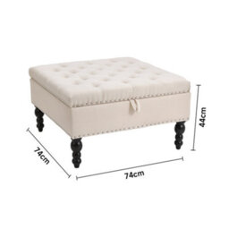 Living And Home Small Beige Linen Upholstered Storage Ottoman Bench Footstool With Wood Legs W 740 X D 740 X H 440 mm - thumbnail 2