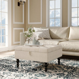 Living And Home Small Beige Linen Upholstered Storage Ottoman Bench Footstool With Wood Legs W 740 X D 740 X H 440 mm - thumbnail 1