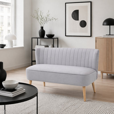 Wyld Haus Haleco Light Grey Velvet-Feel 2-Seater Sofa 117Cm Compact Loveseat Panel-Tufted Back Natural Wooden Legs