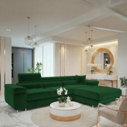 Torezio Mini L Shaped Sofa Bed With Adjustable Headrests Storage Dolfn Mechanism 280X170X70-90Cm Green Right - thumbnail 1