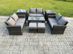Fimous Outdoor U Shape Sofa Set Wicker Pe Rattan Garden Furniture Set With Coffee Table Double Seat Sofa 2 Small Footstools - thumbnail 2