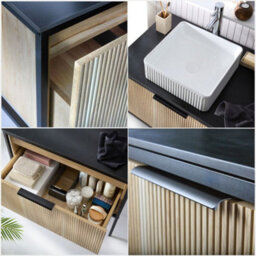 Homestylestore Black And Light Oak 800mm Bathroom Fluted Vanity Unit And 380mm Square Countertop Basin - thumbnail 4