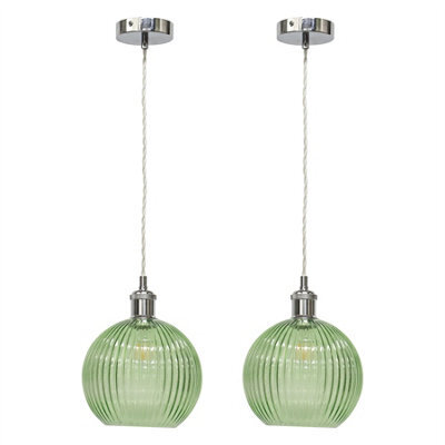 First Choice Lighting Set Of 2 Betchley - Green Ribbed Glass Chrome Retro Pendant Fittings - image 1