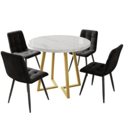 Btm 5 Piece Round Dining Set White Mdf Table Top 80Cm With Gold Legs And Four Black Velvet Chairs - thumbnail 2