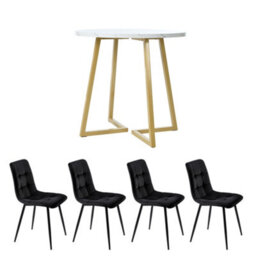 Btm 5 Piece Round Dining Set White Mdf Table Top 80Cm With Gold Legs And Four Black Velvet Chairs - thumbnail 3