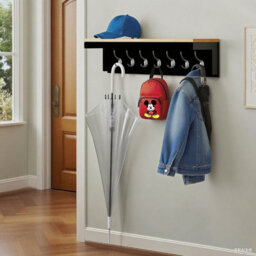 Taylor & Brown 7 Hook Black Wall Mounted Coat Rack, Wooden Coat Hooks With Shelf And Storage, Wall Shelf With Hooks Underneath - thumbnail 3