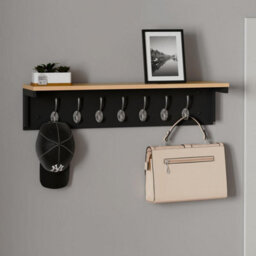 Taylor & Brown 7 Hook Black Wall Mounted Coat Rack, Wooden Coat Hooks With Shelf And Storage, Wall Shelf With Hooks Underneath - thumbnail 2