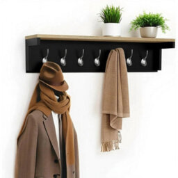 Taylor & Brown 7 Hook Black Wall Mounted Coat Rack, Wooden Coat Hooks With Shelf And Storage, Wall Shelf With Hooks Underneath - thumbnail 1