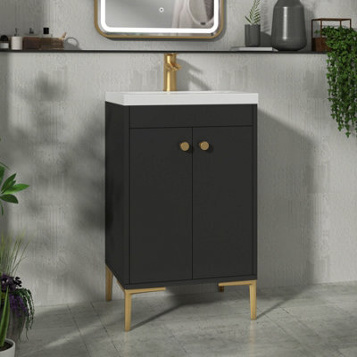 Royal Bathrooms Verona 500mm Matt Black Floor Standing Bathroom Vanity Unit 2 Door With Minimalist Basin & Brushed Brass Knob - image 1