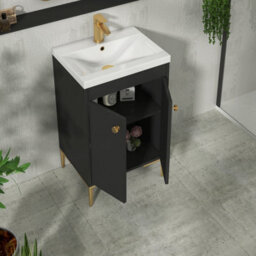 Royal Bathrooms Verona 500mm Matt Black Floor Standing Bathroom Vanity Unit 2 Door With Minimalist Basin & Brushed Brass Knob - thumbnail 5