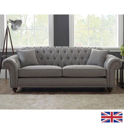 Xample Bordeaux Button Back Grey Fabric 4 Seater Sofa Tufted Design With Foam Cushions, Solid Wood Legs & Accent Pillows - image 1