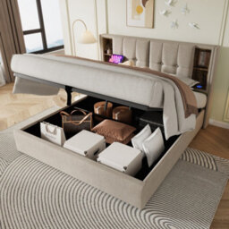 Double Linen Hydraulic Storage Bed With Usb-C & Large Storage - thumbnail 9