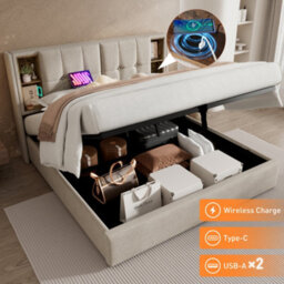 Double Linen Hydraulic Storage Bed With Usb-C & Large Storage - thumbnail 3