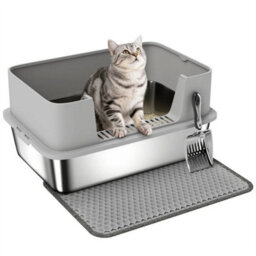 Stainless Steel Litter Box With Scoop, High Sided Cat Litter Tray - thumbnail 1