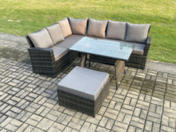 Fimous Outdoor Furniture Garden Dining Set Rattan Corner Sofa Set With Rectangular Dining Table Big Footstool - thumbnail 1