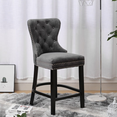 Darphe Dark Grey Velvet Bar Stool Bar Chair Dining Stool With Footrest And Wooden Legs, 48 Cm W X 44 Cm D X 106 Cm H - image 1