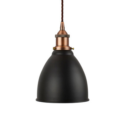 SE Home Matt Black Classic Small Pantry Metal Painted Dome Pendant Light With Matt Antique Copper Lamp Holder And Brown Twisted Cable