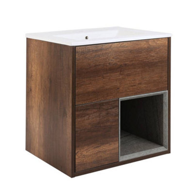 Homestylestore Dark Oak 612mm Wall Hung Bathroom Vanity Unit Led Lit Open Shelf And Chalk Basin - image 1