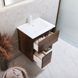 Homestylestore Dark Oak 612mm Wall Hung Bathroom Vanity Unit Led Lit Open Shelf And Chalk Basin - thumbnail 2