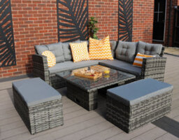 Rosen 9 Seater Rattan Dining Corner Sofa Set With Rising Table In Grey With Rain Cover