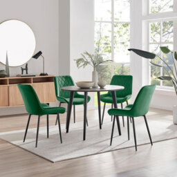 Furniturebox Uk Koko Walnut Effect Round Dining Table & 4 Green Pesaro Black Leg Chairs