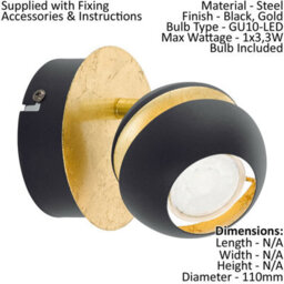 Elegant Round Wall Spot Light In Black And Gold With Gu10 Bulb - thumbnail 2