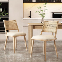 Abrihome Set Of 2 Beige Retro Dining Chairs, Pu Seat & Woven Rattan Backrest With Bamboo Frame, For Kitchen, Cafe Or Living Room - thumbnail 1