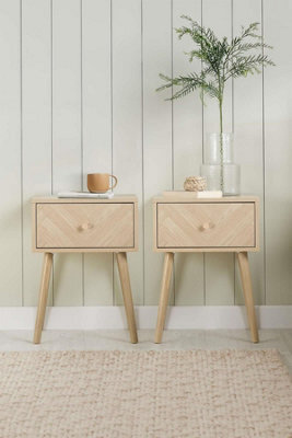 Pair Of 1 Drawer Oak Bedside Cabinet Birlea Herringford Chevron - image 1