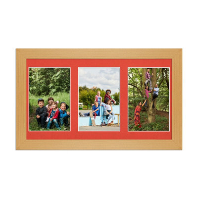 AK Frames 40X20Cm Country Pine Modern Multi Photo Frame With Poppy Red Mount - Holds 3 Apertures (3X) 6X4 Photos - image 1
