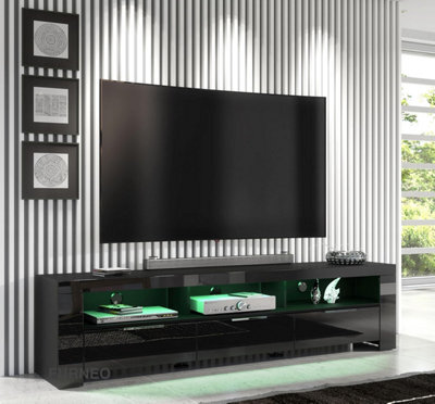 Furneo 200Cm Black Long Tv Stand Unit Cabinet Matt & High Gloss Rgb (Multicoloured) Led Lights Phantom 10 - image 1