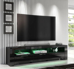 Furneo 200Cm Black Long Tv Stand Unit Cabinet Matt & High Gloss Rgb (Multicoloured) Led Lights Phantom 10