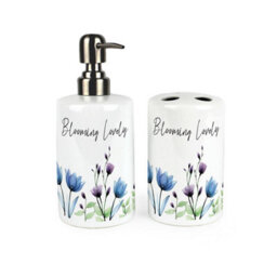 Pure Blue & Purple Floral Bathroom Set - Refillable Ceramic Soap Dispenser & Toothbrush Holder