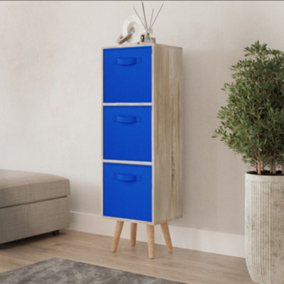 Urbn-Living Urbnliving 80Cm Height 3 Tier Antique Oak Wooden Storage Bookcase Scandinavian Style Beech Legs With Dark Blue Inserts - image 1