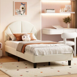 Upholstered Single Bed, 3Ft Single Bed Frame With Headboard And Wooden Slatted Support, Youth Bed, Beige Velvet Bed Frame,90X190Cm - thumbnail 3