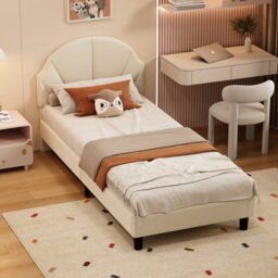 Upholstered Single Bed, 3Ft Single Bed Frame With Headboard And Wooden Slatted Support, Youth Bed, Beige Velvet Bed Frame,90X190Cm - thumbnail 4