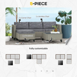 Outsunny 5 Pcs Rattan Garden Furniture Set With Glass Coffee Table Dark Grey - thumbnail 4