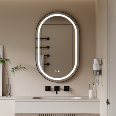 Thehotsale 80Cm H Wall Mounted Oval Led Bathroom Mirror With Adjustable Brightness Colour Light Black Frame Mirror - image 1