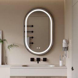 Thehotsale 80Cm H Wall Mounted Oval Led Bathroom Mirror With Adjustable Brightness Colour Light Black Frame Mirror - thumbnail 1