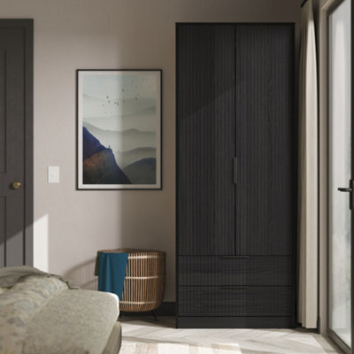 Ancona Ready Assembled Modern Matt Black Ash 2 Drawer Tall Double Wardrobe (H)1956mm (W)766mm (D)530mm - image 1