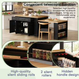 Modernluxe Kitchen Island With Extendable Dining Table, Large Storage Cabinet With Drawers And Adjustable Shelves, Mdf, Black - thumbnail 7