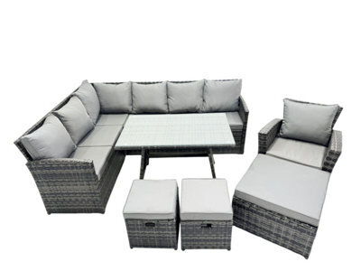 Fimous 10 Seat Poly Rattan Outdoor Patio Oblong Dining Table Corner Sofa Set With 3 Stool Chair For Backyard Dark Grey Mixed - image 1