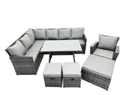 Fimous 10 Seat Poly Rattan Outdoor Patio Oblong Dining Table Corner Sofa Set With 3 Stool Chair For Backyard Dark Grey Mixed - thumbnail 1
