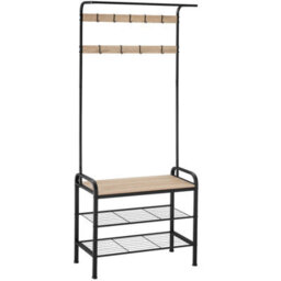 Tectake Coat Stand - Shoe Rack, Seat, 2 Shelves And 9 Coat Hooks 73.5X36X184Cm - Industrial Wood Light, Oak Sonoma