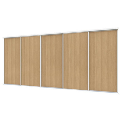 A-Class Sliding Doors Set Of 5 Mid Oak Sliding Wardrobe Door Kit In White Frame & Tracks, Opening Height (H) 225-226Cm & Width (W) 448-449Cm - image 1