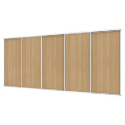 A-Class Sliding Doors Set Of 5 Mid Oak Sliding Wardrobe Door Kit In White Frame & Tracks, Opening Height (H) 225-226Cm & Width (W) 448-449Cm - thumbnail 1